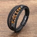 Pulsera de cuero para hombre y cuentas de ojo de tigre